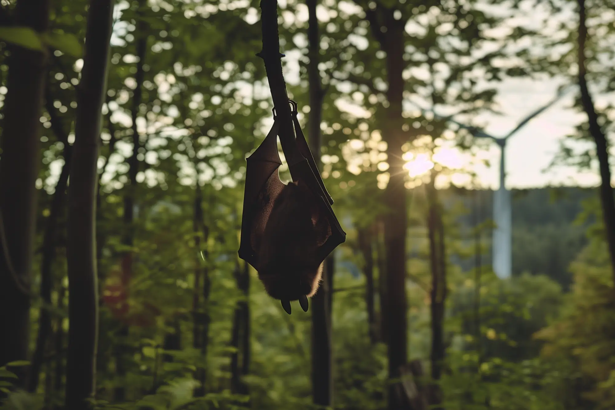 Fledermaus hängt an einem Ast im Wald, im Hintergrund eine Windkraftanlage
