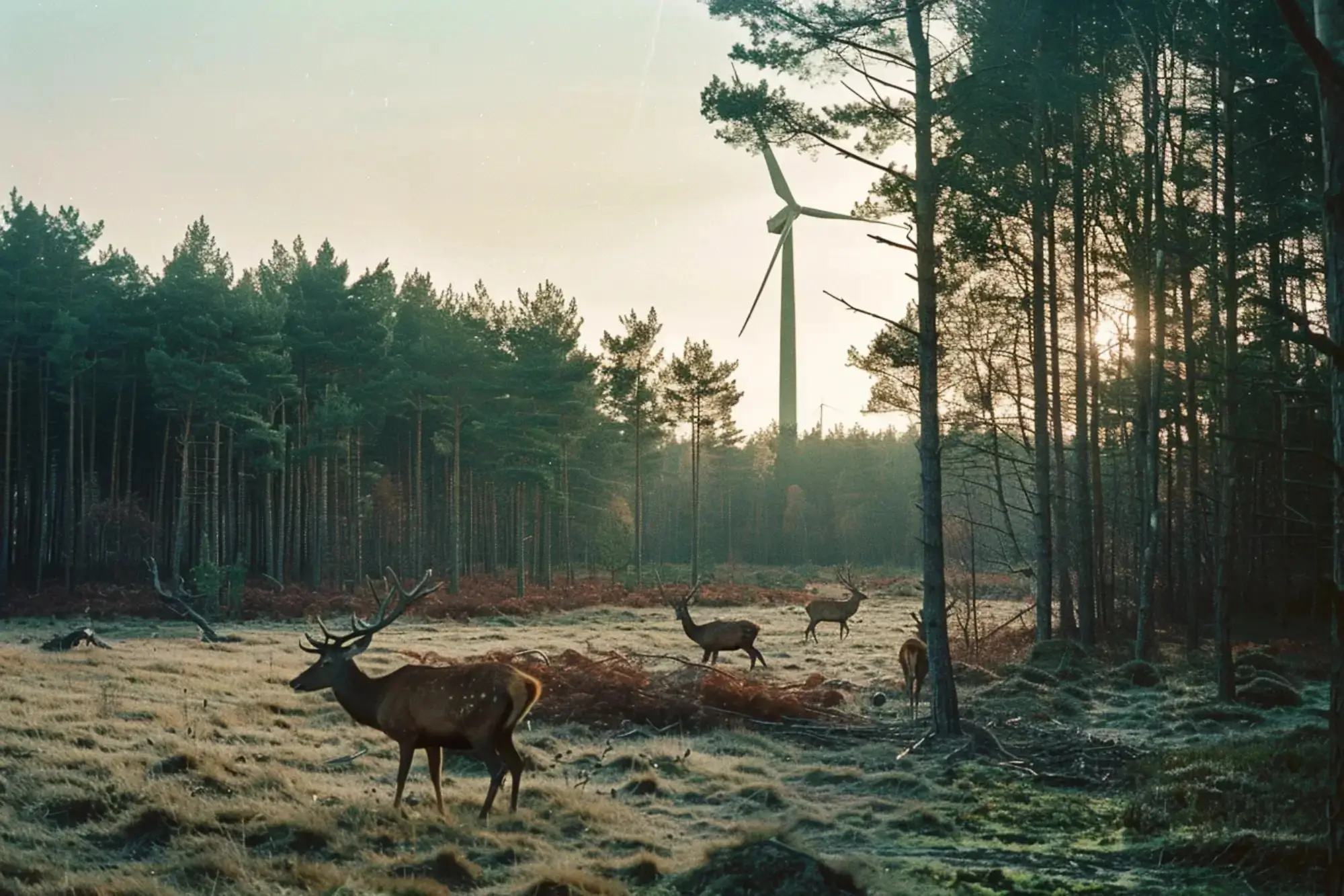 Hirsche auf einer lichten Stelle im Wald bei Morgendämmerung