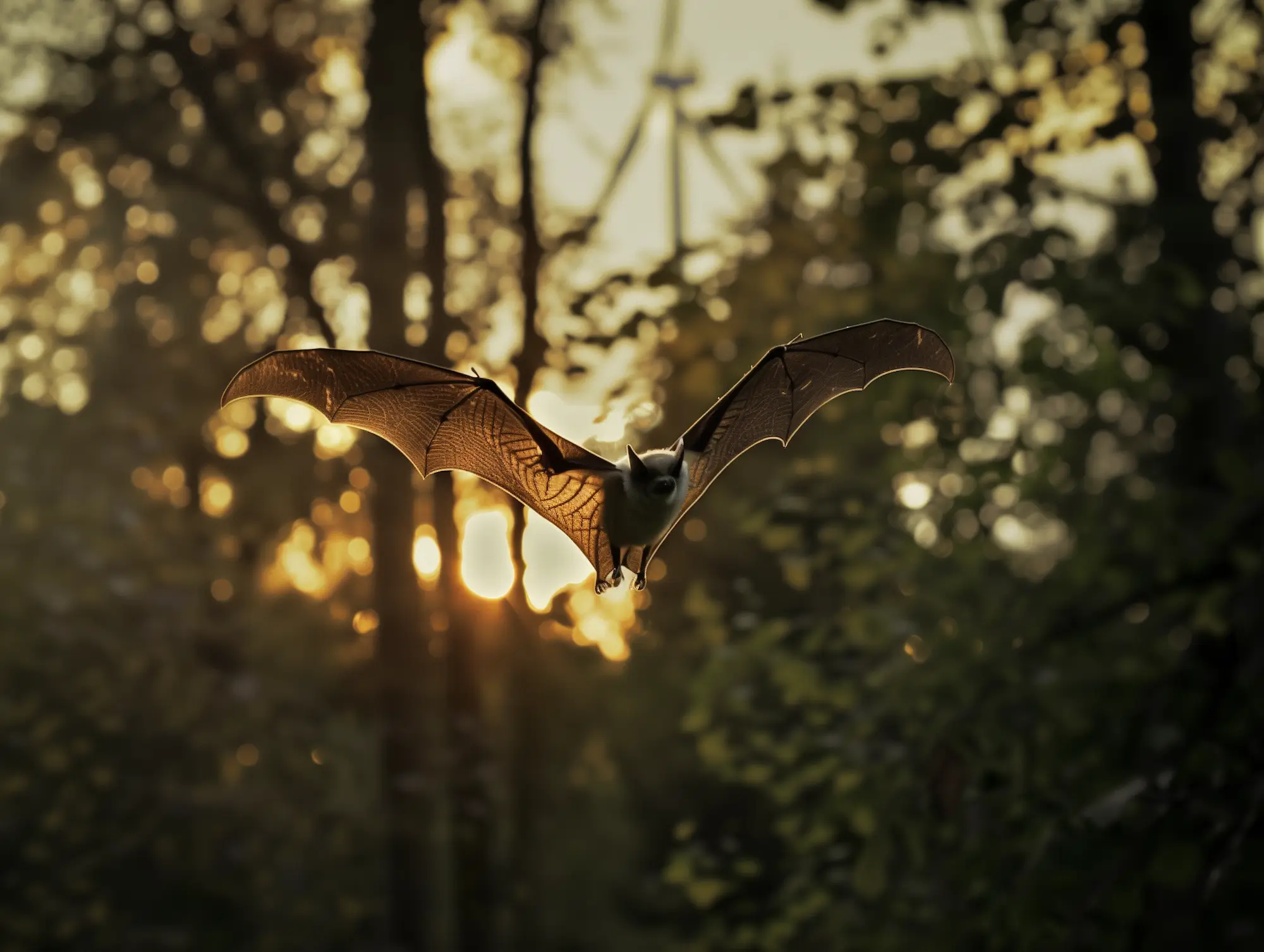 Fledermaus im Flug bei Abenddämmerung im Wald]