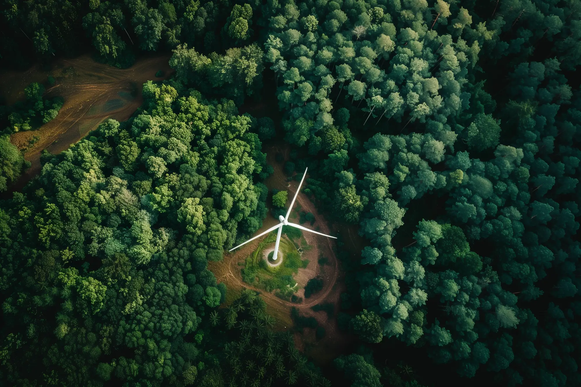 Flugbildaufnahme einer Windkraftanlage in einem Waldgebiet