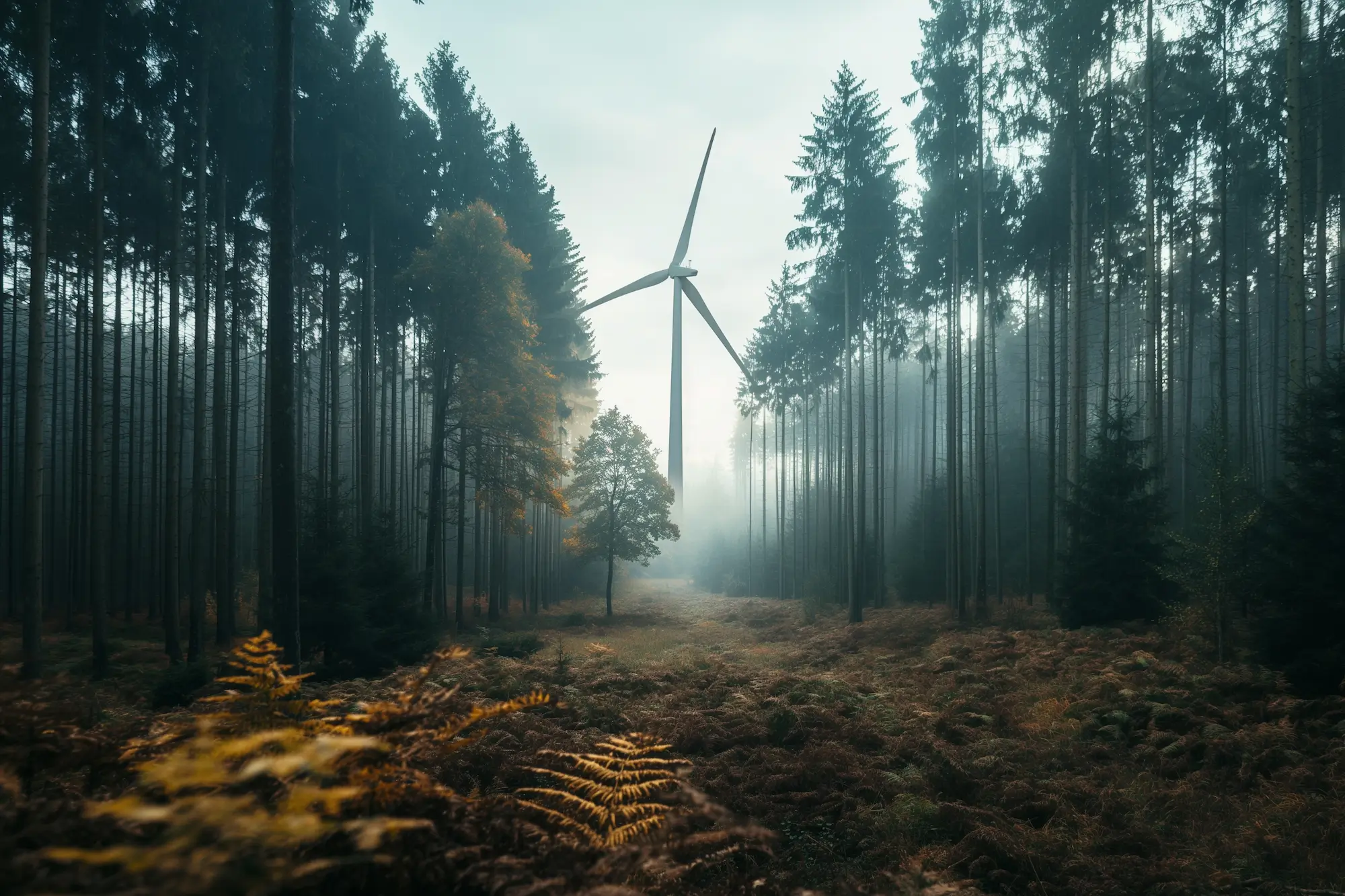 Blick durch eine Lichtung im Wald auf eine Windkraftanlage, nebliges Wetter