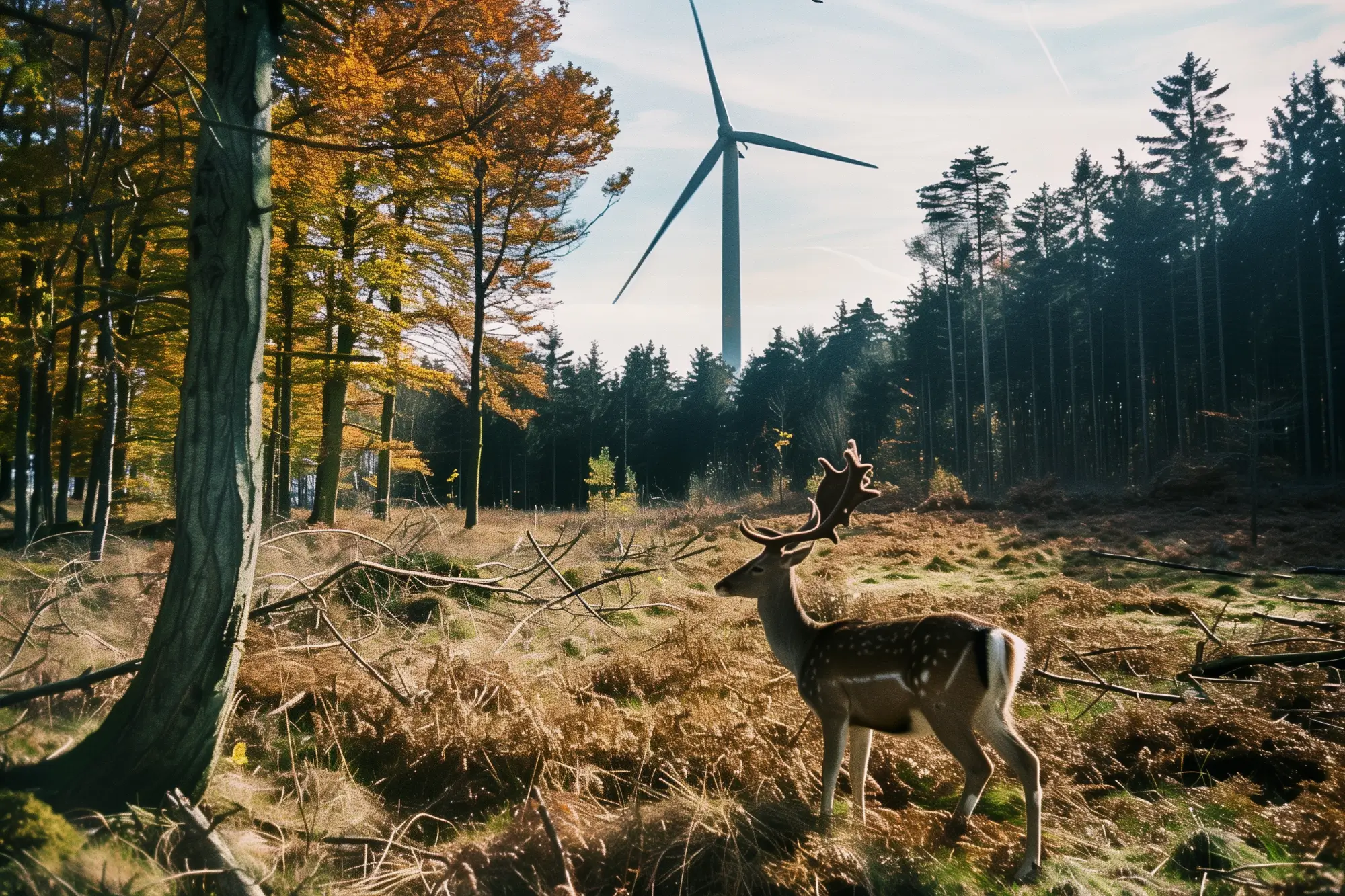 Junger Hirsch in einem Waldgebiet, Windkraftanlage im Hintergrund